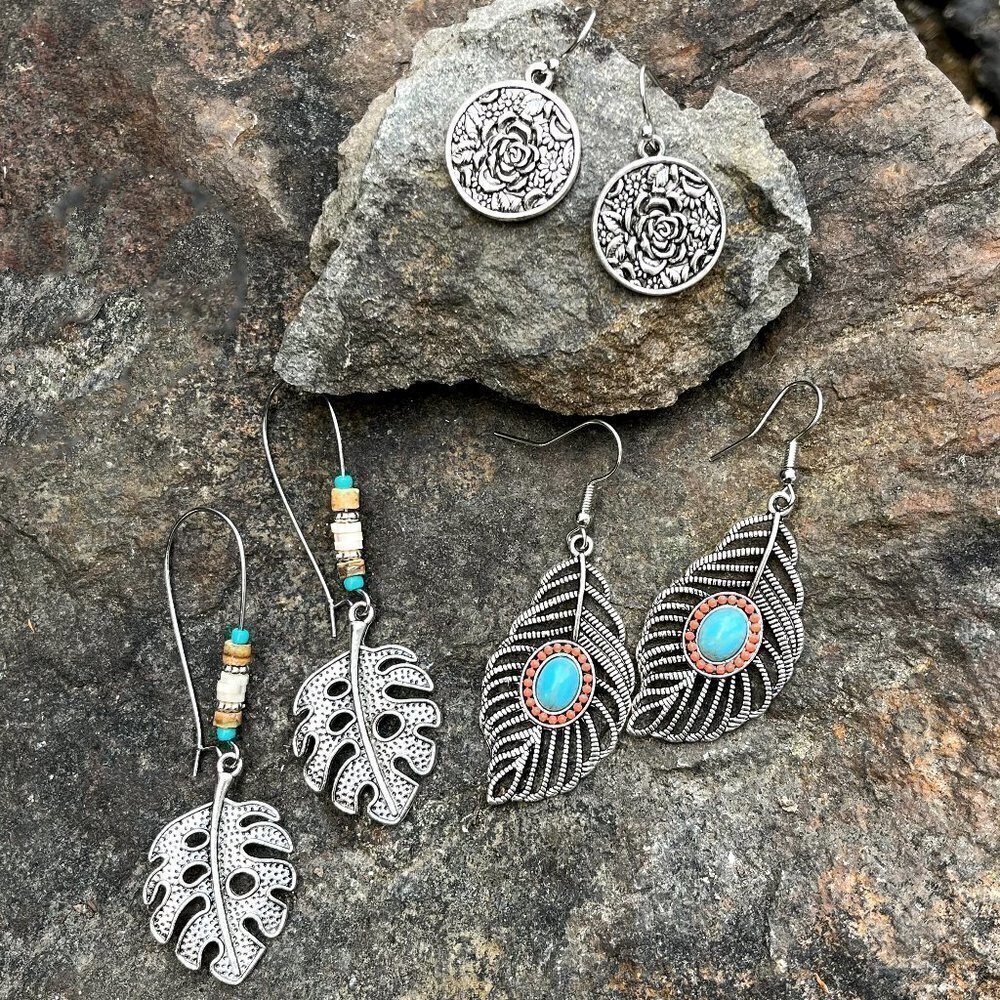 Leaf Drop Earrings Set of Three | Boho Silver Mix - Picture 7 of 7